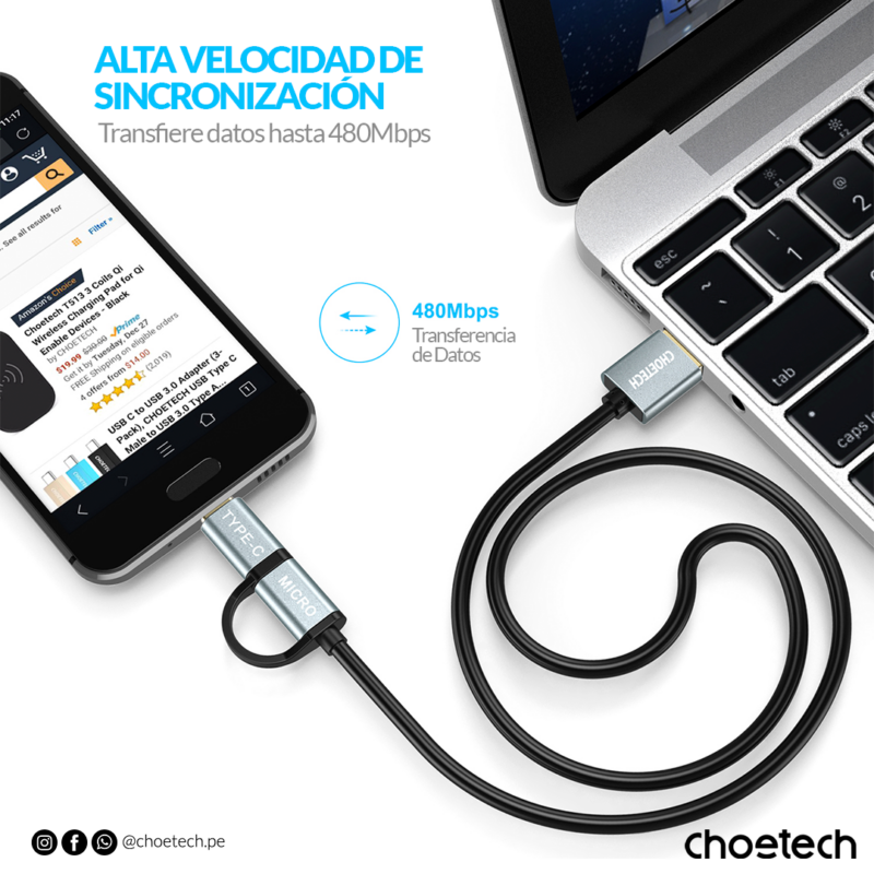 Cable 2 en 1 Tipo C + Cable Micro USB 1.2m - Imagen 3