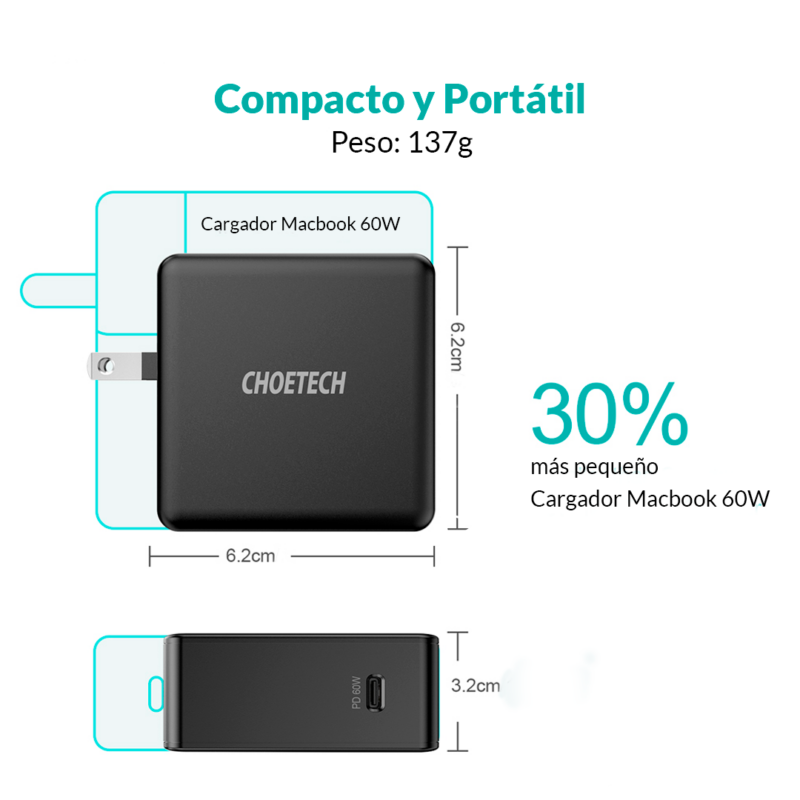 Adaptador Plegable de Carga Rápida PD 60W USB-C - Imagen 3
