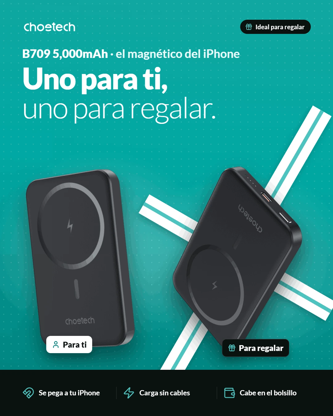 Pack de 2 power banks magnéticos Choetech B709 de 5,000 mAh para iPhone