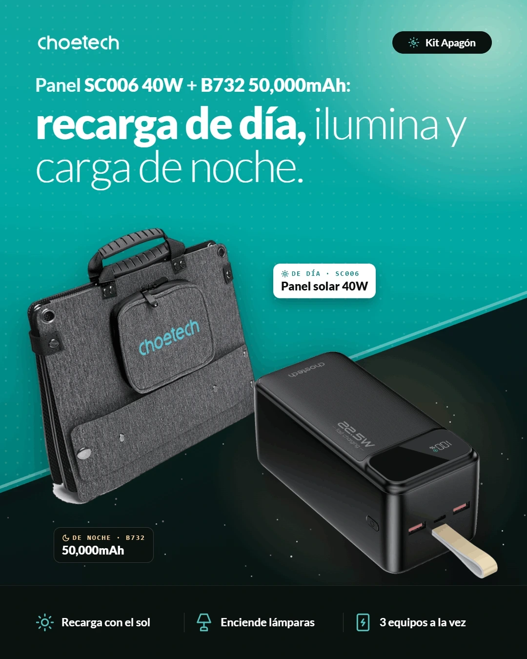 Kit Apagón Choetech: panel solar plegable SC006 de 40W y power bank B732 de 50,000 mAh