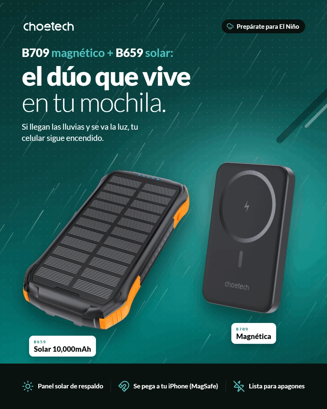 Kit Emergencia Personal Choetech: power bank magnético B709 y power bank solar B659