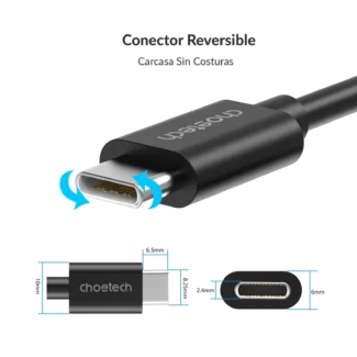 Conector USB-C reversible del cable Choetech AC0003 con sus medidas en milímetros