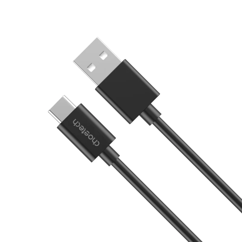 Conectores USB-A y USB-C del cable Choetech AC0003 negro sobre fondo blanco
