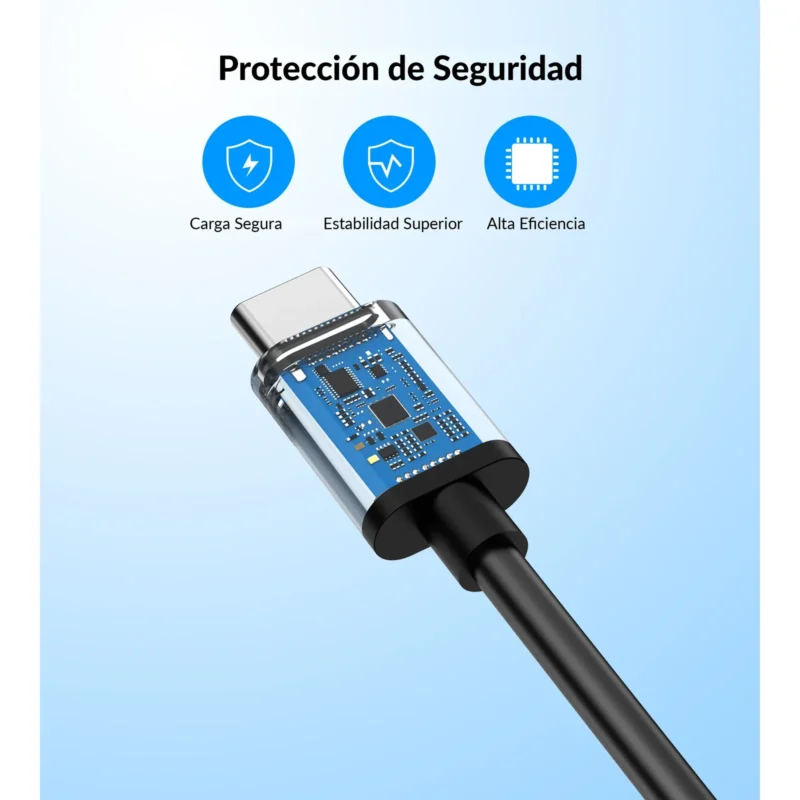 Conector USB-C del cable Choetech AC0003 con íconos de carga segura y protección
