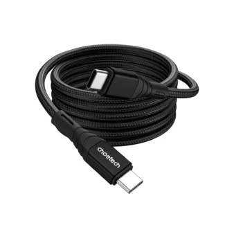Cable USB-C a USB-C Choetech XCC-1008 de 1 m, trenzado en nylon negro, enrollado sobre fondo blanco