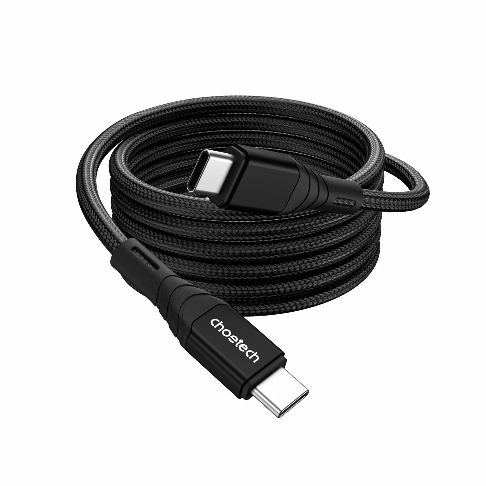 Cable USB-C a USB-C Choetech XCC-1008 de 1 m, trenzado en nylon negro, enrollado sobre fondo blanco Cable USB-C a USB-C Choetech XCC-1008 de 1 m, trenzado en nylon negro, enrollado sobre fondo blanco