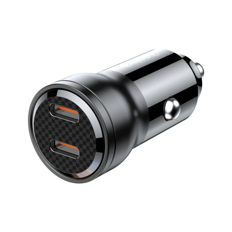 Cargador para auto Choetech TC0008 compacto visto de costado, con sus dos puertos USB-C