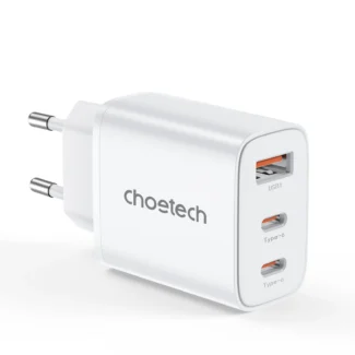 Cargador de pared Choetech PD3046 blanco de 30W con 2 pines redondos, 1 puerto USB-A y 2 puertos USB-C