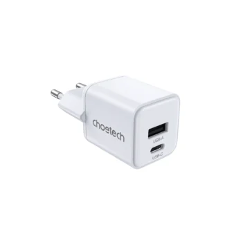 Cargador de pared GaN Choetech PD5012 de 30W blanco con puertos USB-C y USB-A, sobre fondo blanco