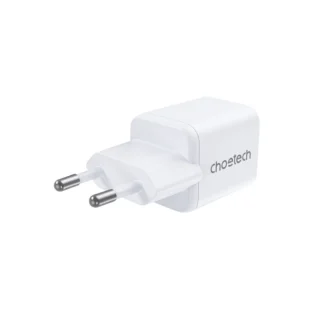 Vista posterior del cargador Choetech PD5012 blanco con enchufe de 2 pines redondos
