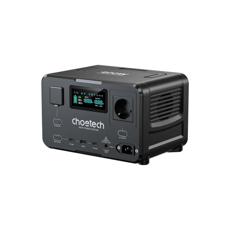 Choetech BS007 vista de frente con el asa plegada, tomacorriente europeo y puertos USB-C y USB-A