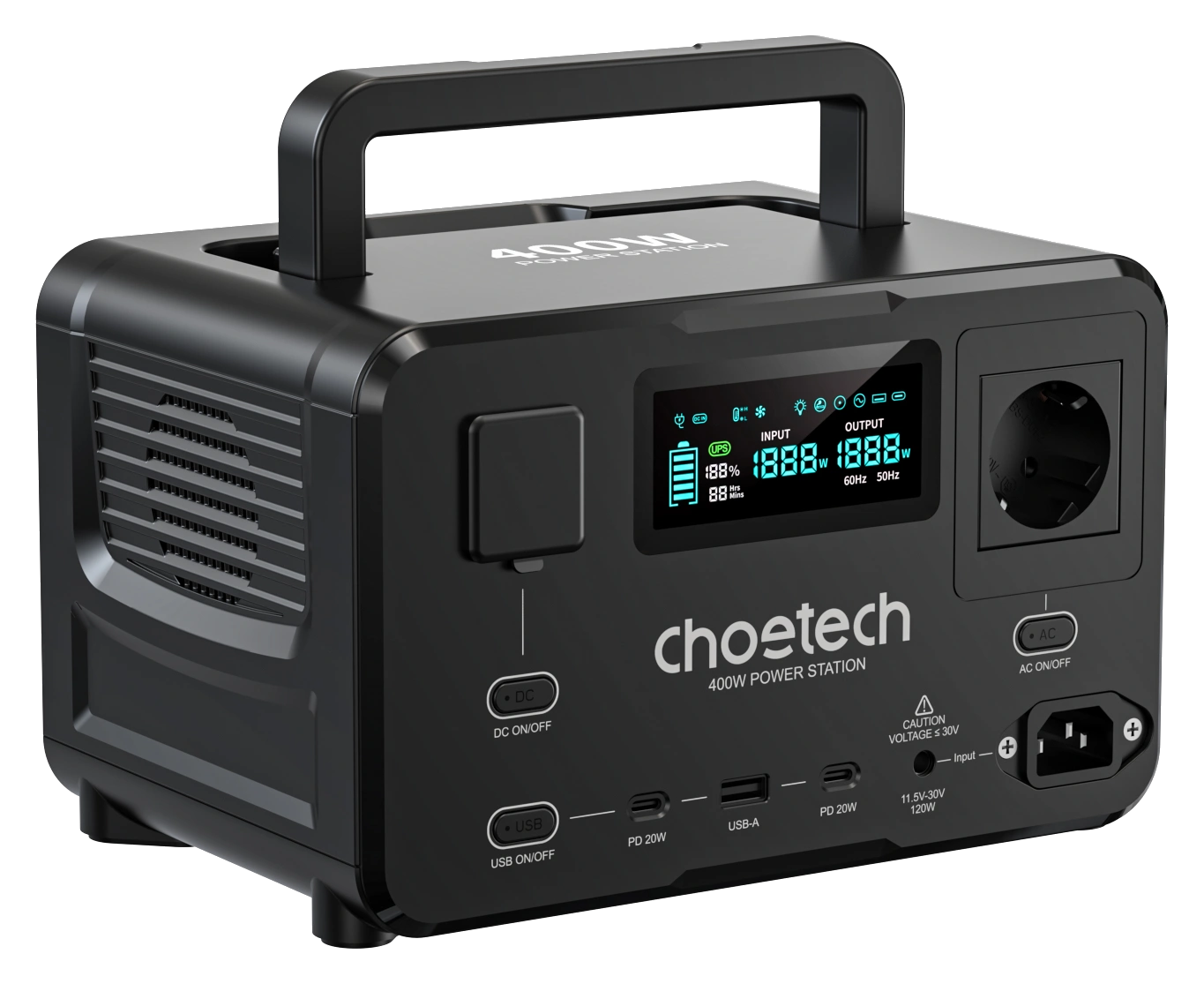Estación de energía Choetech BS007 de 400W, vista frontal con el tomacorriente y la pantalla