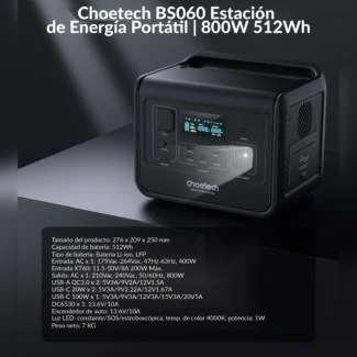 Estación de energía Choetech BS060 de 800W y 512Wh con su ficha técnica de entradas, salidas, medidas y peso