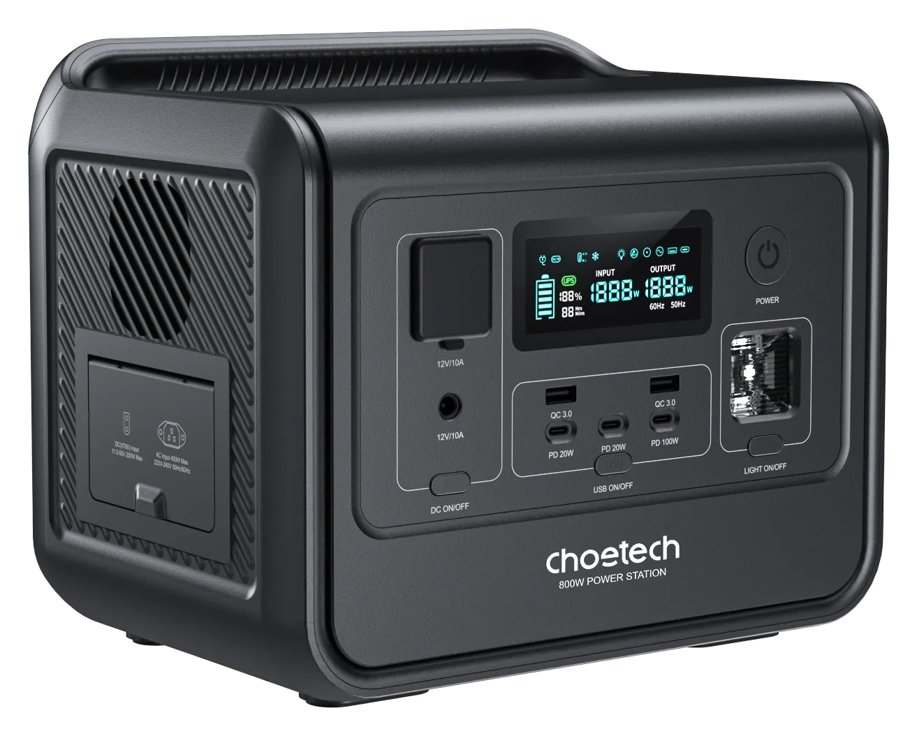 Estación de energía Choetech BS060 de 800W vista de frente, con pantalla, puertos USB y luz LED