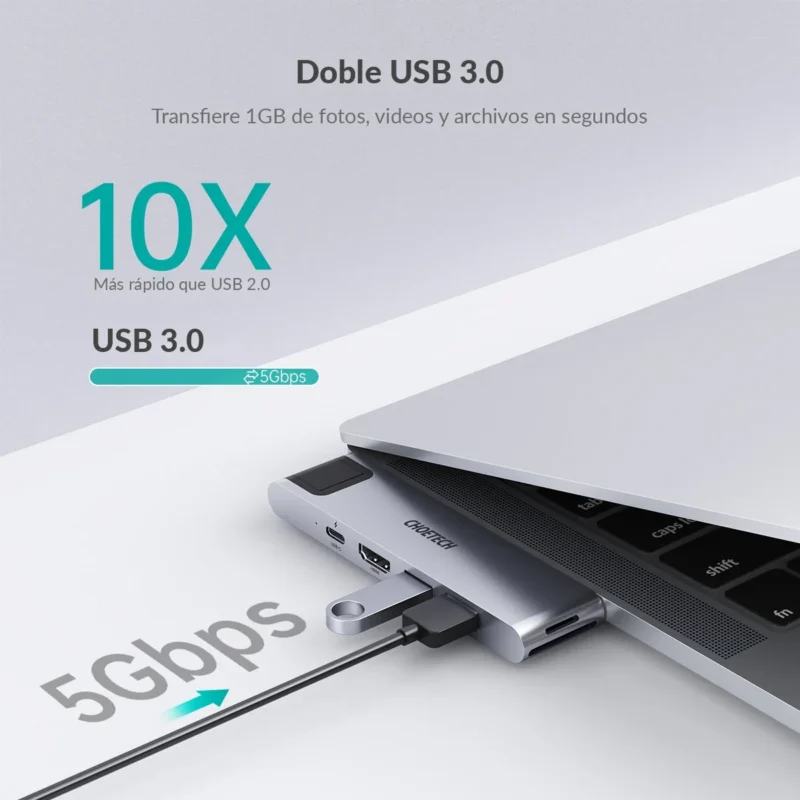 Memoria USB conectada al hub Choetech HUB-M24 en una MacBook: dos puertos USB 3.0 de hasta 5 Gbps