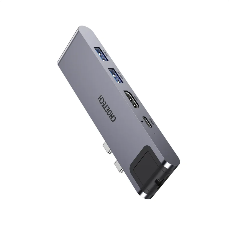 Hub Choetech HUB-M24 visto en ángulo, con sus dos conectores USB-C para la MacBook