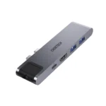Hub Choetech HUB-M24 gris espacial con puertos Ethernet, USB-C, HDMI y USB 3.0, sobre fondo blanco