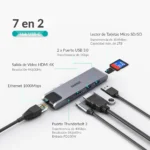 Puertos del hub Choetech HUB-M24: Thunderbolt 3, HDMI 4K, Ethernet Gigabit, 2 USB 3.0 y lector SD/microSD