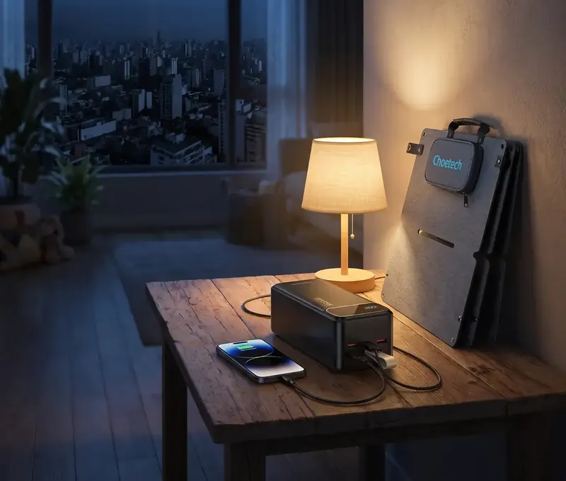 Power bank Choetech cargando un celular junto a una lámpara y un panel solar plegable, de noche en un departamento