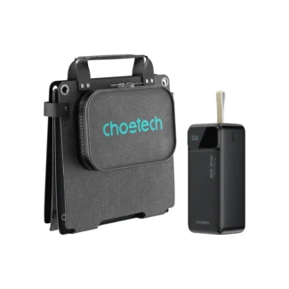 Kit Ruta Choetech: panel solar plegable SC005 de 28W y power bank B731 de 40,000 mAh sobre fondo blanco