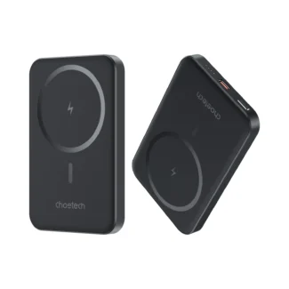 Pack de 2 power bank magnéticos Choetech B709 negros, vista frontal y en ángulo sobre fondo blanco