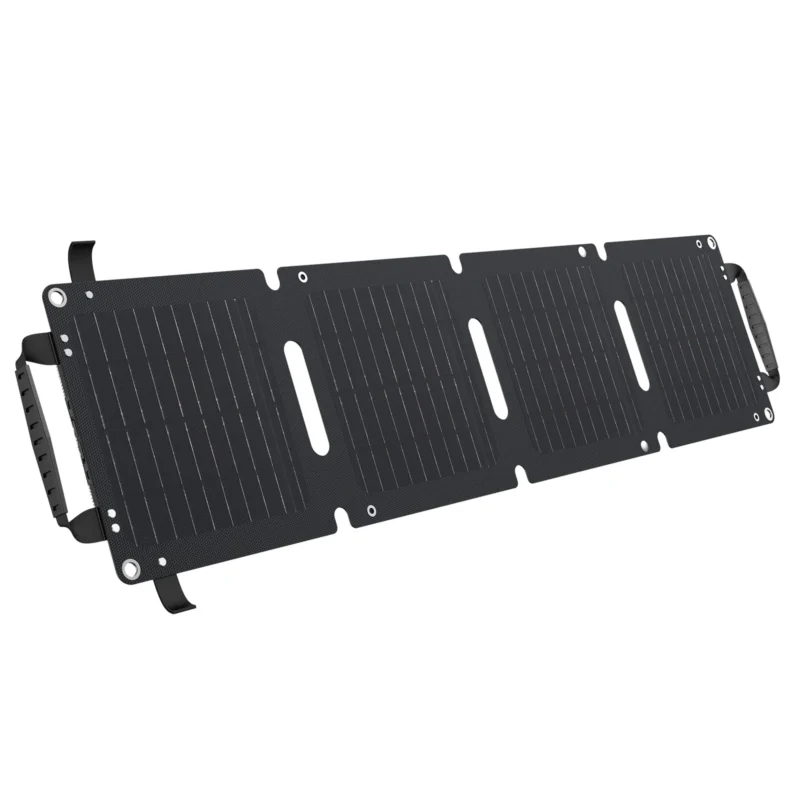 Panel solar plegable Choetech SC005 de 28W desplegado, con sus cuatro paneles y asas, sobre fondo blanco