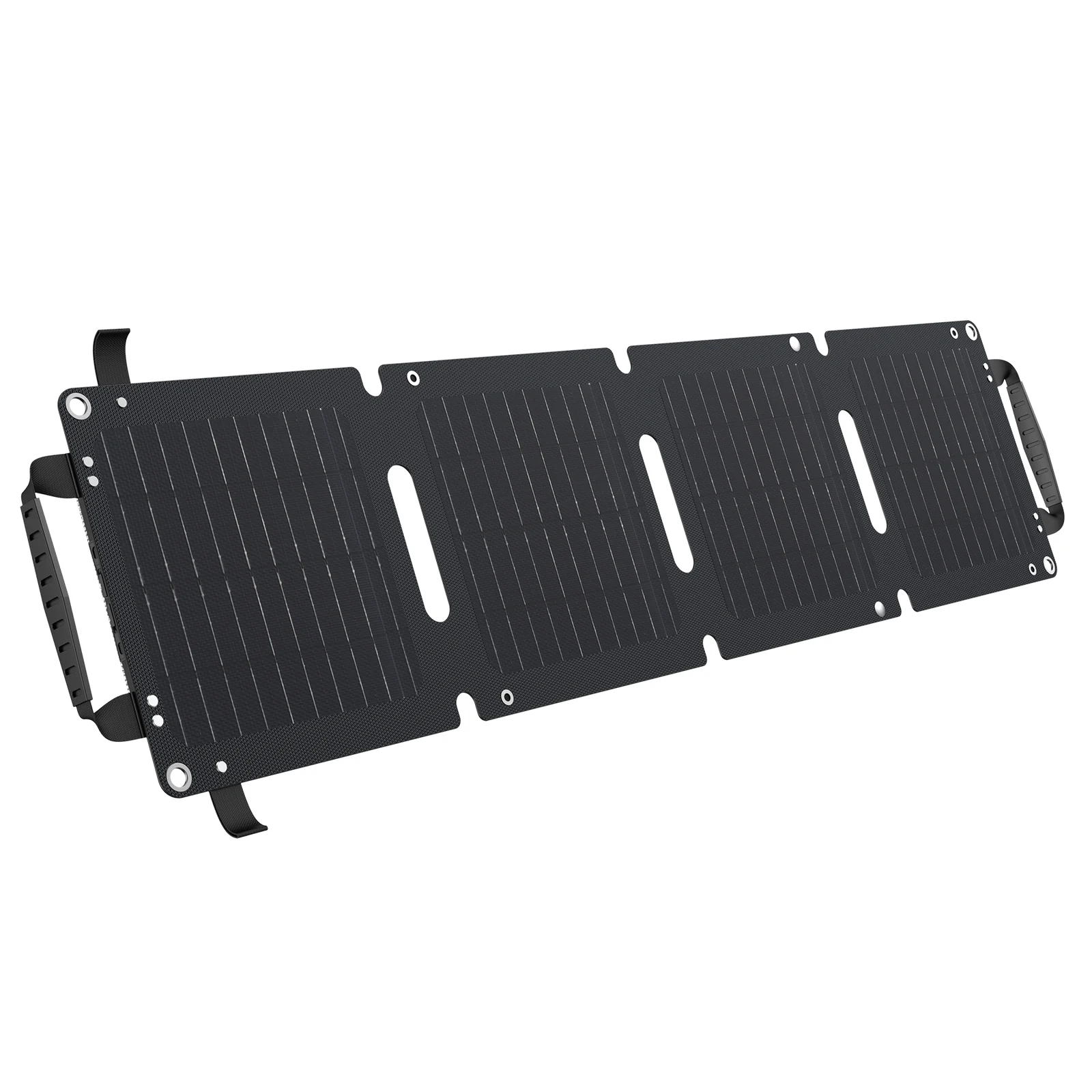 Panel solar plegable Choetech SC005 de 28W desplegado, con sus cuatro paneles y asas, sobre fondo blanco Panel solar plegable Choetech SC005 de 28W desplegado, con sus cuatro paneles y asas, sobre fondo blanco