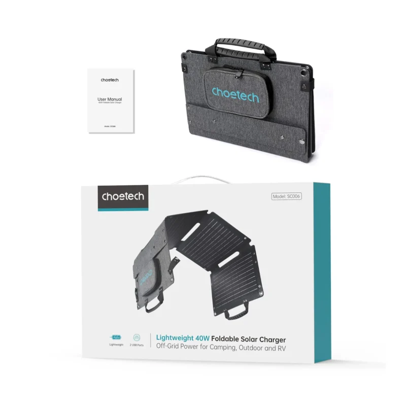 Contenido de la caja del panel solar Choetech SC006: panel plegado y manual de usuario