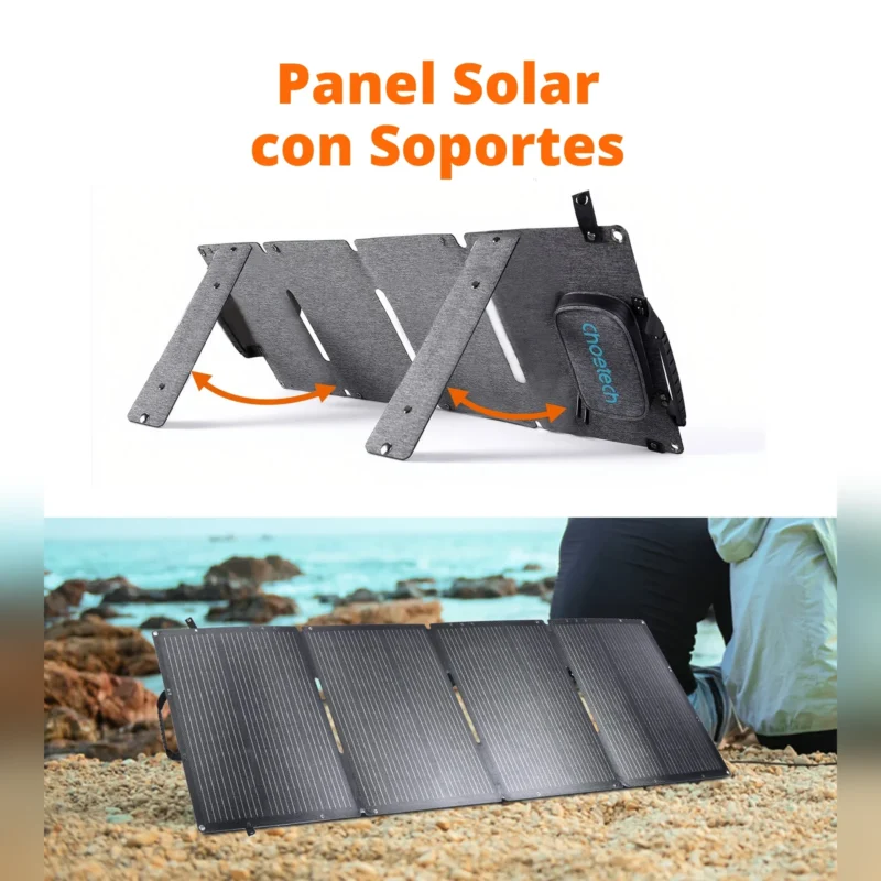 Panel solar Choetech SC006 con dos soportes traseros para inclinarlo hacia el sol, y desplegado en la playa