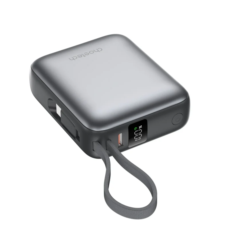 Power bank mini Choetech B832 gris espacial con pantalla LED, puerto USB-C y cable integrado