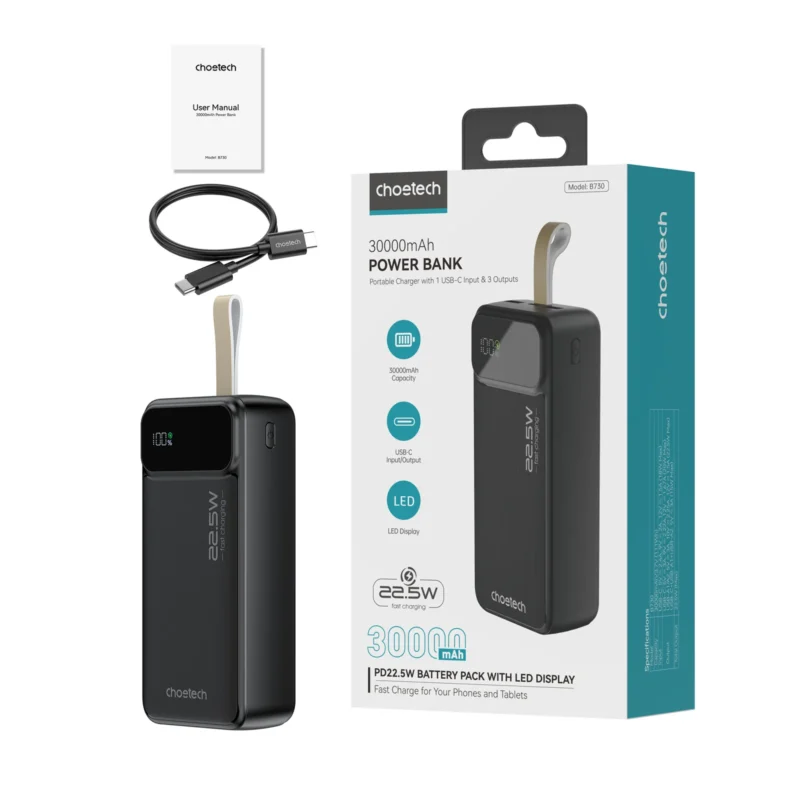Contenido de la caja del power bank Choetech B730 de 30,000 mAh: power bank, cable USB-C y manual