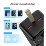 Puertos USB-A y USB-C del power bank Choetech B732 con celulares, iPhone, iPad y audífonos compatibles