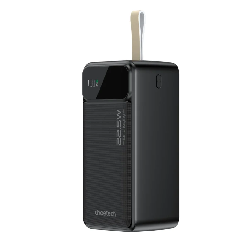 Power bank Choetech B732 de 50,000 mAh negro, vista frontal con pantalla LED y correa
