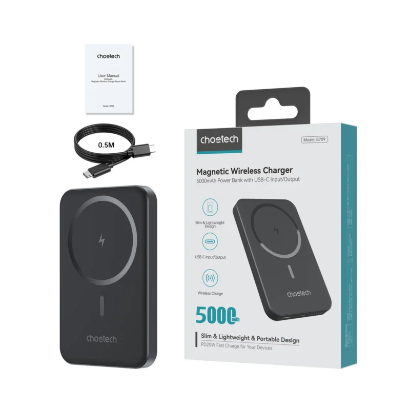 Contenido de la caja del power bank Choetech B709: power bank, cable USB-C de 0.5 m y manual