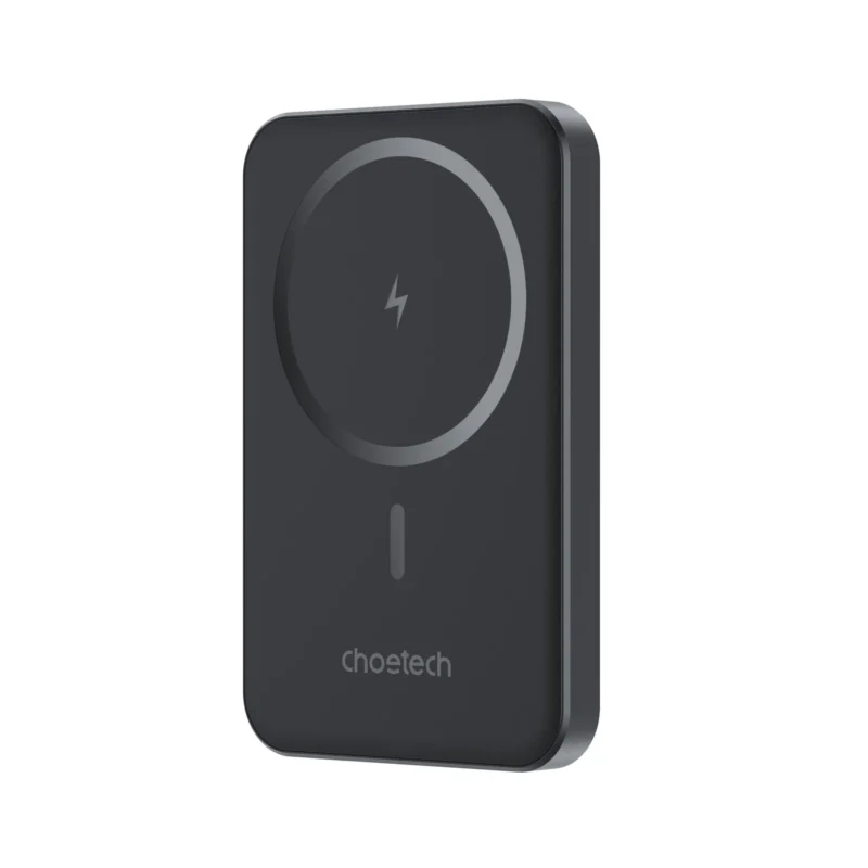 Vista frontal del power bank magnético Choetech B709 negro con anillo de carga inalámbrica