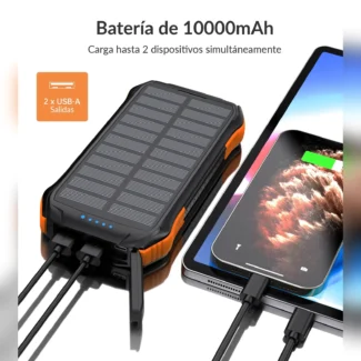 Power bank solar Choetech B659 de 10,000 mAh cargando un celular y una tablet a la vez por sus dos salidas USB-A