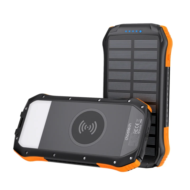 Power bank solar Choetech B659 naranja de 10,000 mAh, con vista del panel solar y de la cara de carga inalámbrica